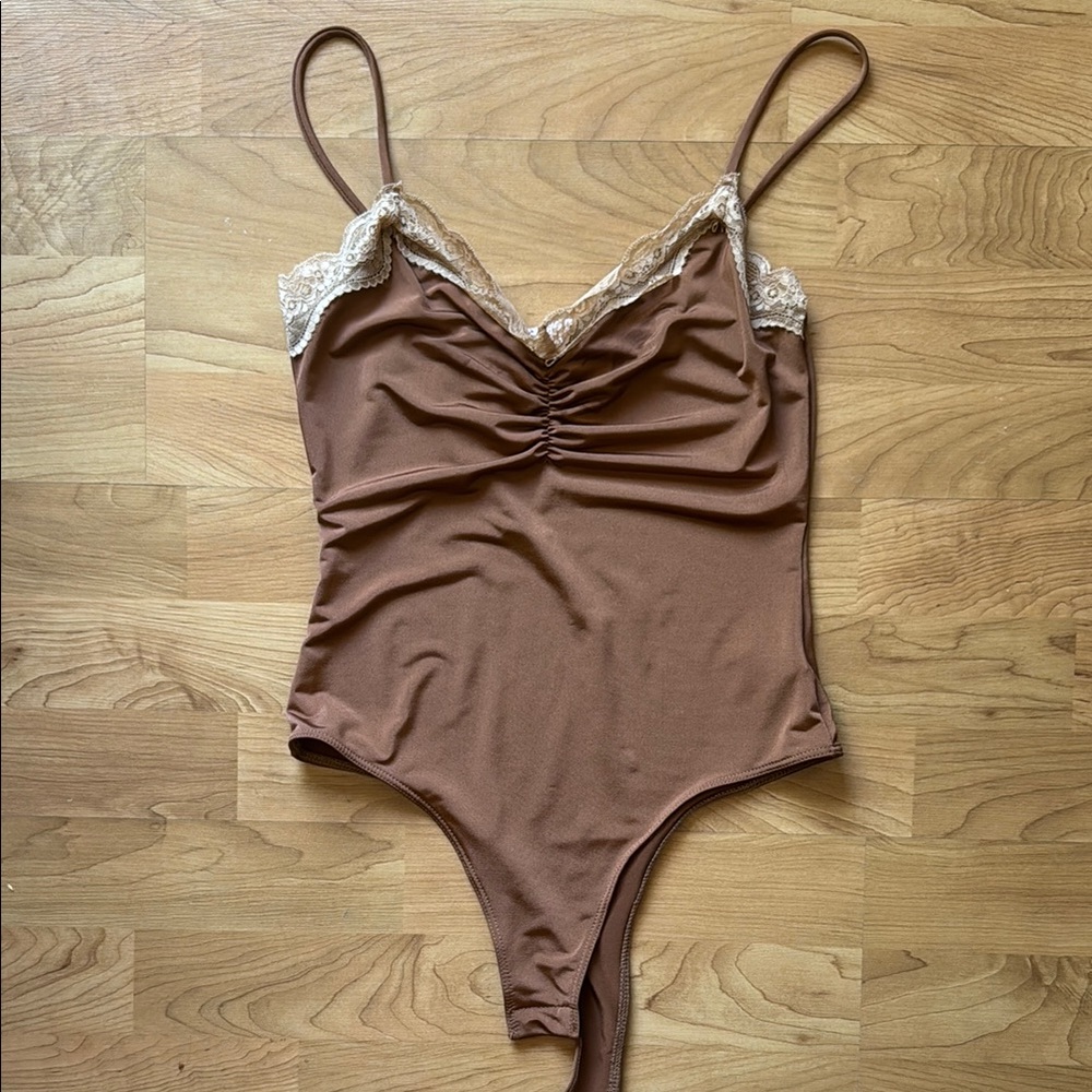 Brown Lace Trim Bodysuit